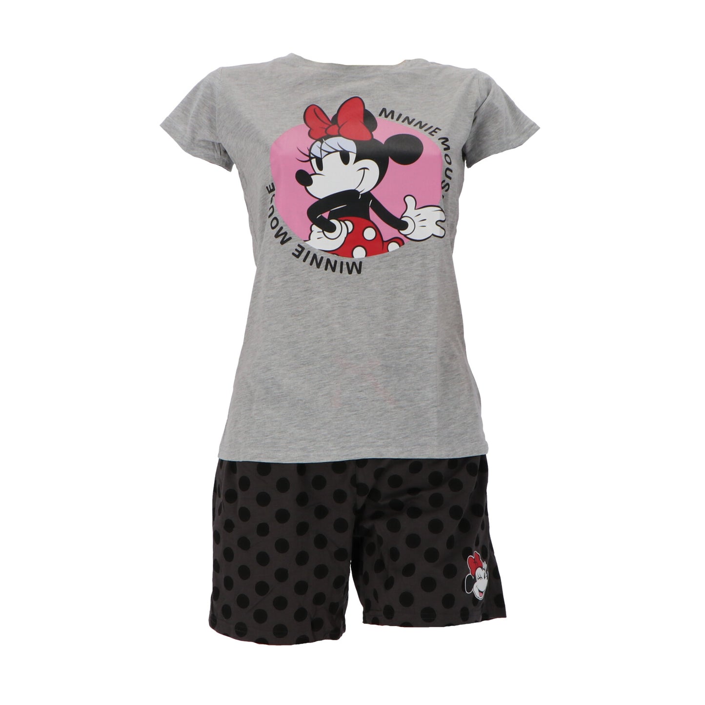 Dames Minnie Mouse pyjama set, grijs T-shirt met Minnie print en zwarte polkadot short, gemaakt van katoen en polyester, ideaal voor comfort en stijl