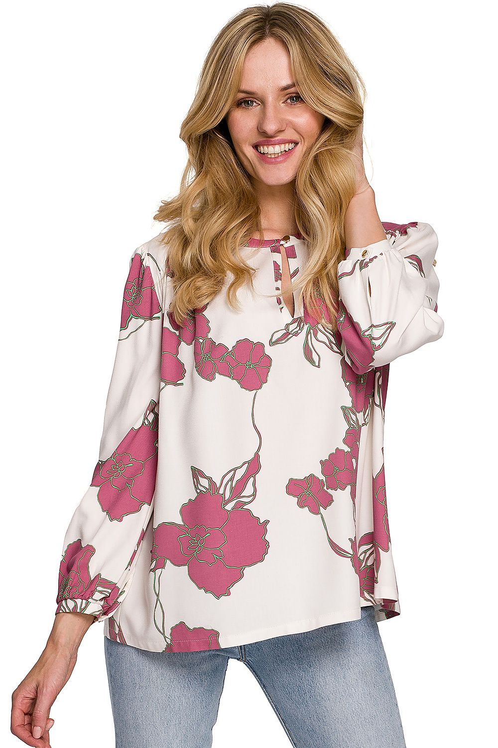 Blouse met luchtige pasvorm en romantisch bloemendesign.voor uit zicht