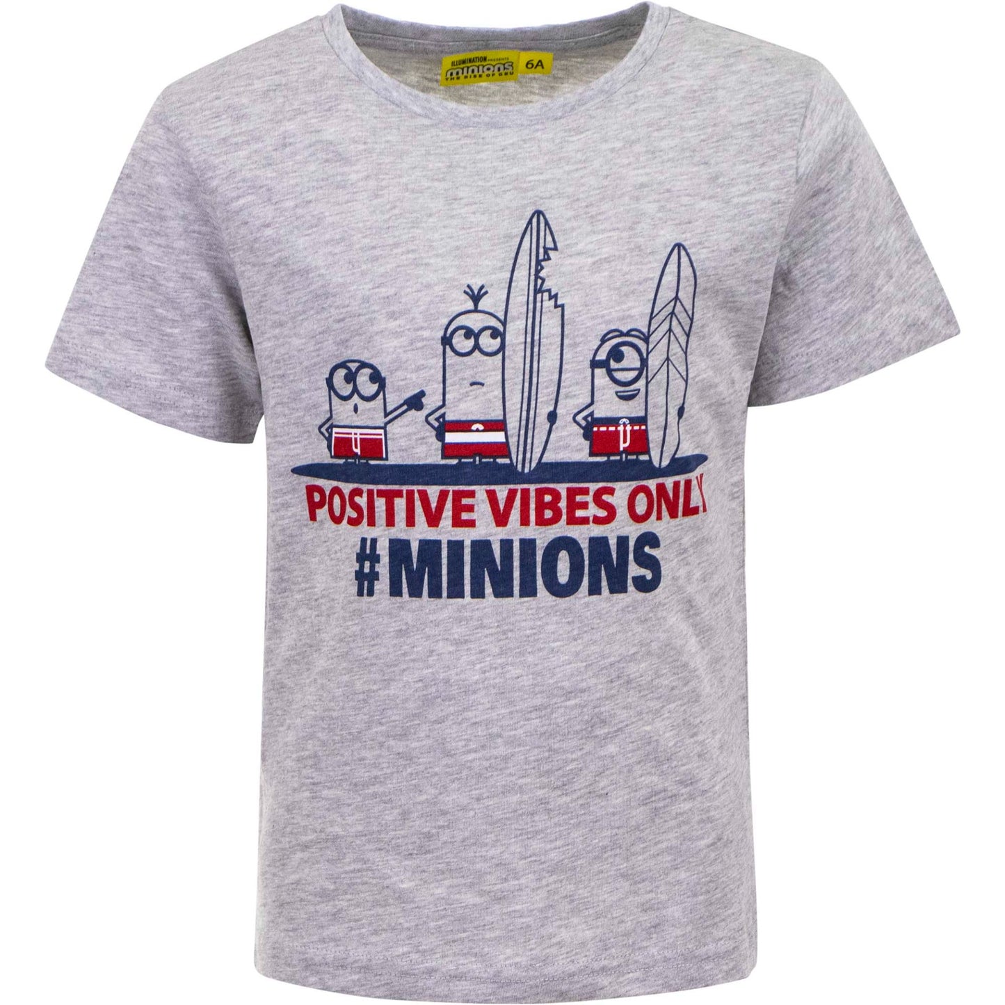 Grijs Minions T-shirt met 'Positive Vibes Only'-print, maat 104, gemaakt van zacht en comfortabel katoen, wit achtergrond