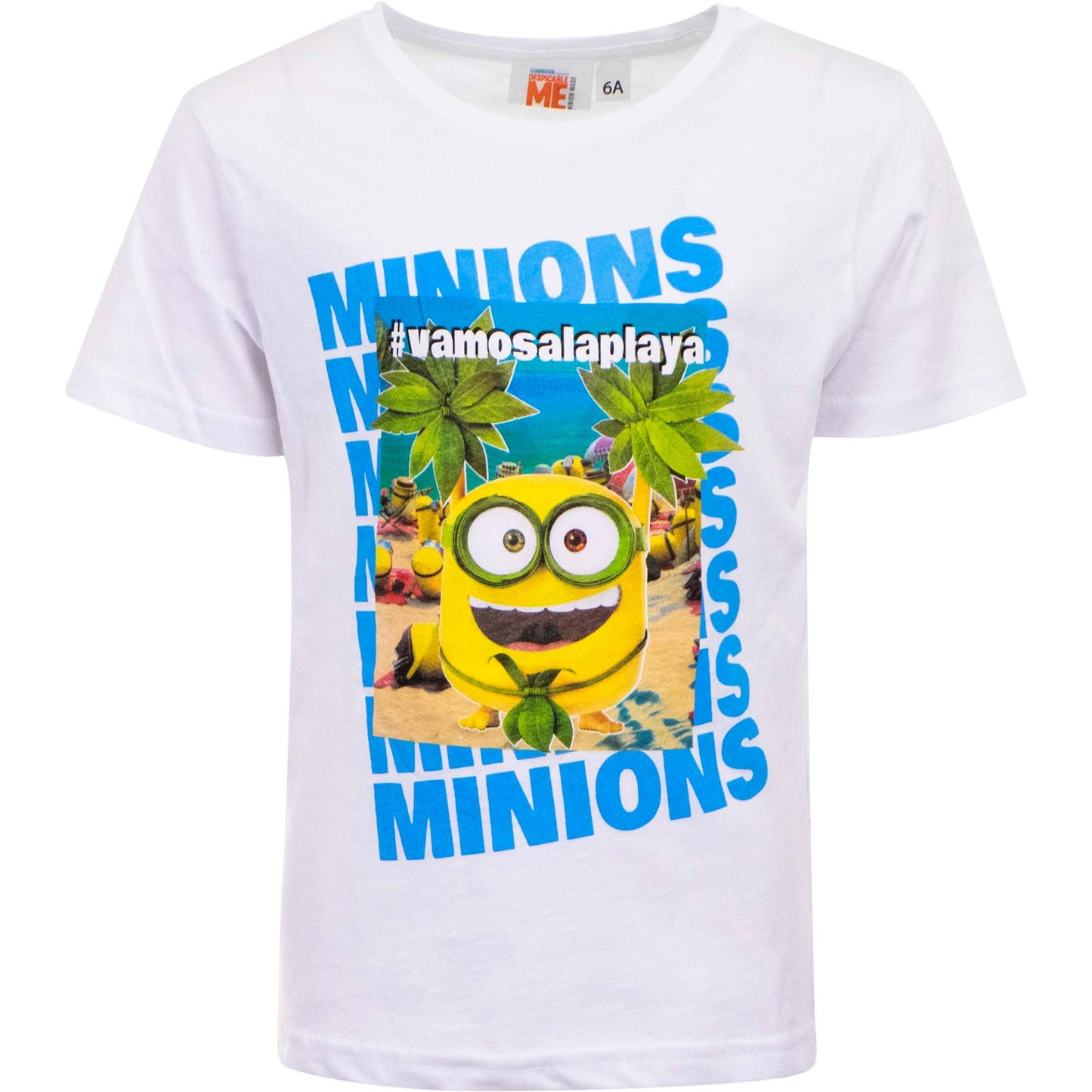 Wit Minions T-shirt met 'Vamos ala playa'-tekst, maat 116. Comfortabel en vrolijk ontwerp, gemaakt van zacht katoen