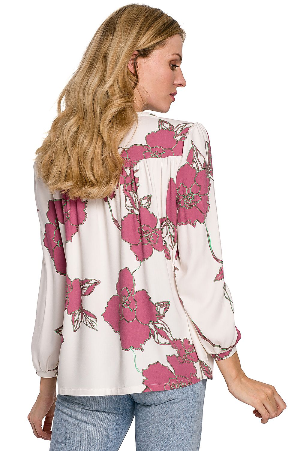 Blouse met luchtige pasvorm en romantisch bloemendesign.achter uit zicht