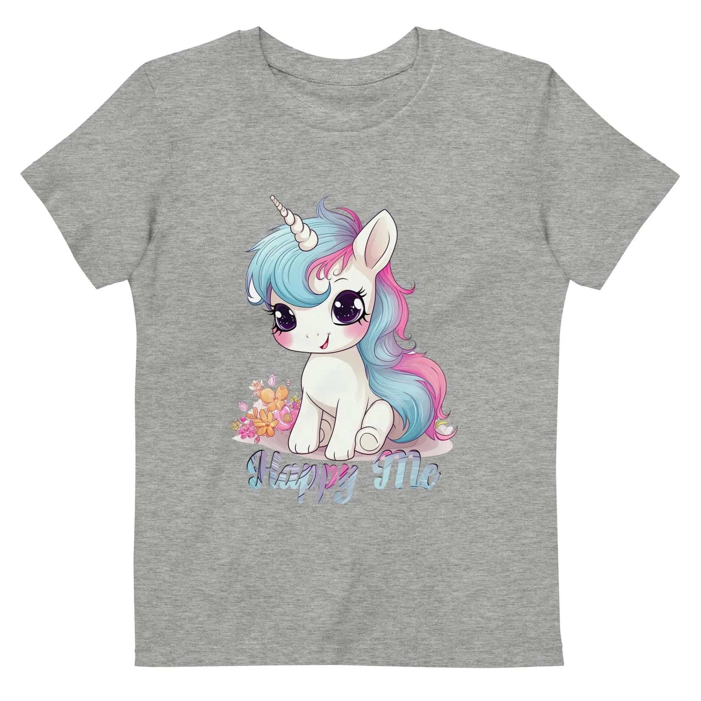Een heather grijs biologisch katoenen kinder T-shirt met een afbeelding van een Magische baby Eenhoorn, op een witte achtergrond, aan de voorkant.
