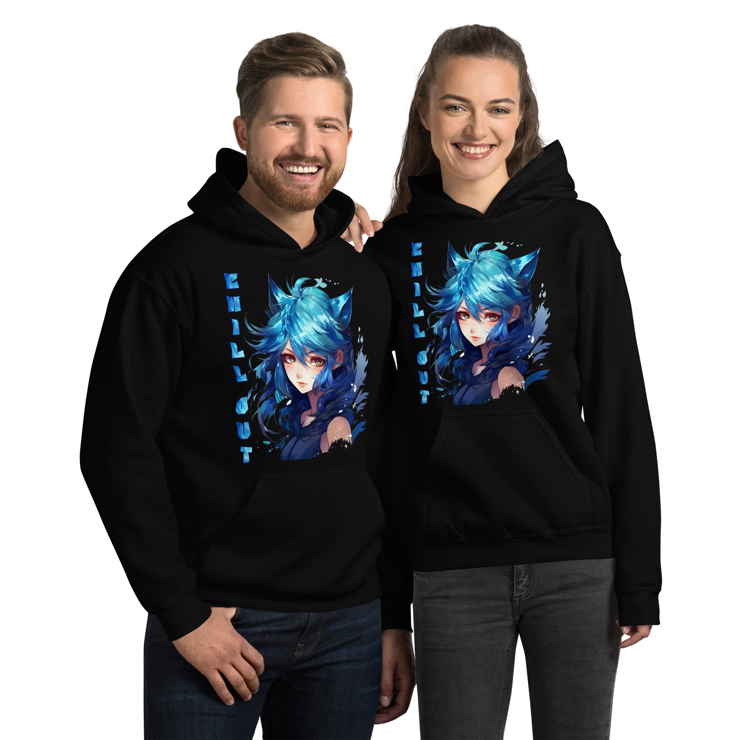 Een zwart unisex heavy blend hoodie met de afbeelding van een meisje en de tekst 'Chill Out', gedragen door een gelukkige man en vrouw, gezien vanaf de voorkant op een witte achtergrond