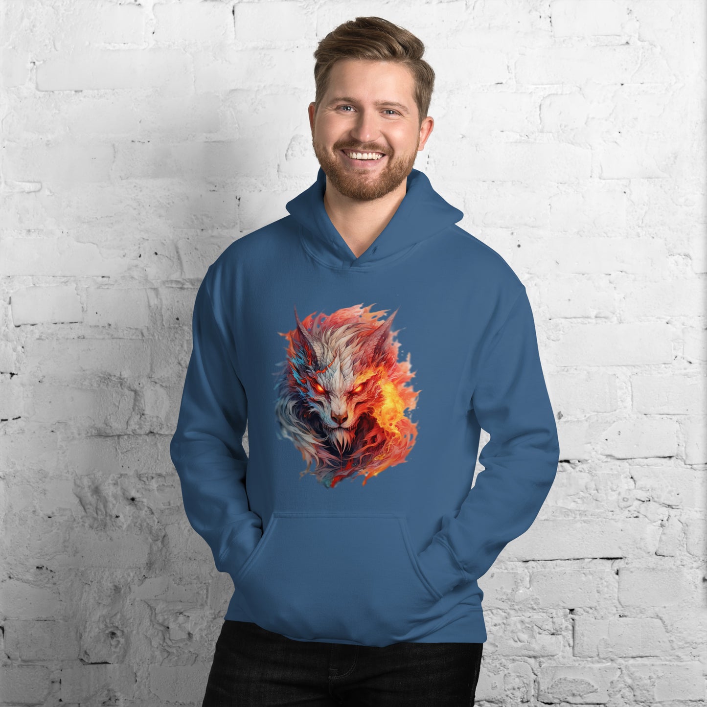 Frivole unisex indigno blauw heavy blend hoodie met een levendig Kleurrijk Wolf-patroon, gedragen door een lachende man, op een achtergrond van witte stenen, voor uit kijkend