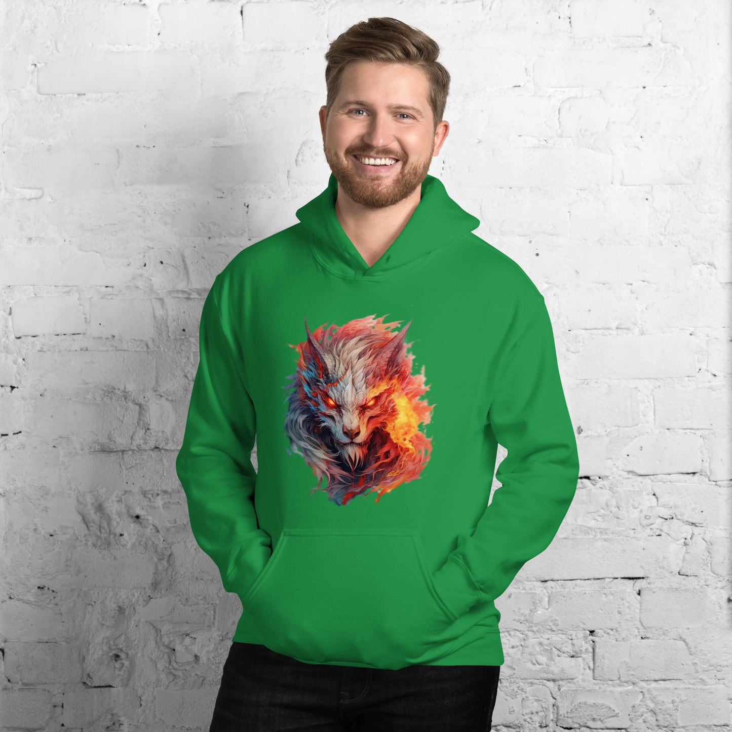 Frivole unisex irish groen heavy blend hoodie met een levendig Kleurrijk Wolf-patroon, gedragen door een lachende man, op een achtergrond van witte stenen,vooruit kijkend