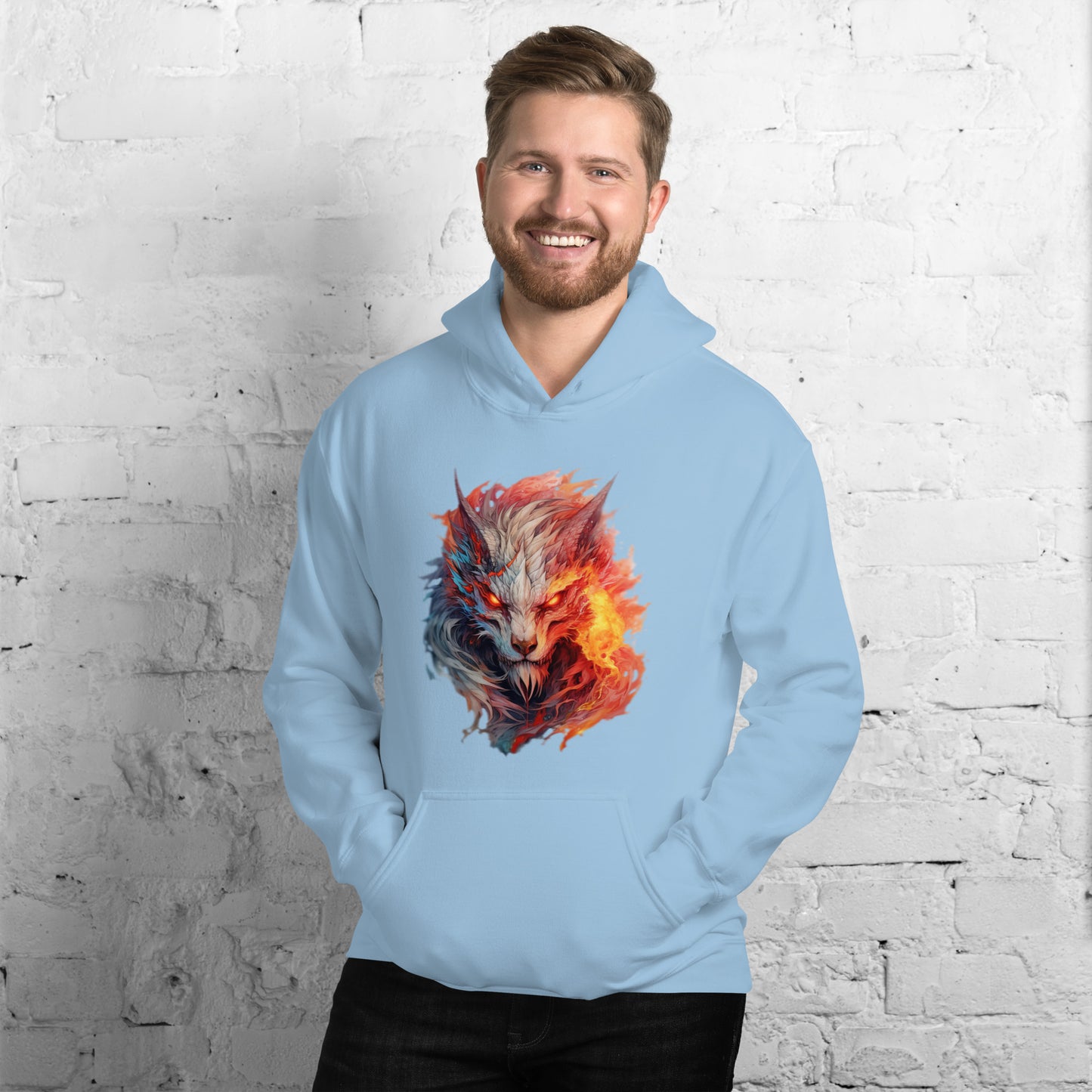 Frivole unisex licht blauw heavy blend hoodie met levendig Kleurrijk Wolf patroon, gedragen door een jonge man, op een wit steen achtergrond.