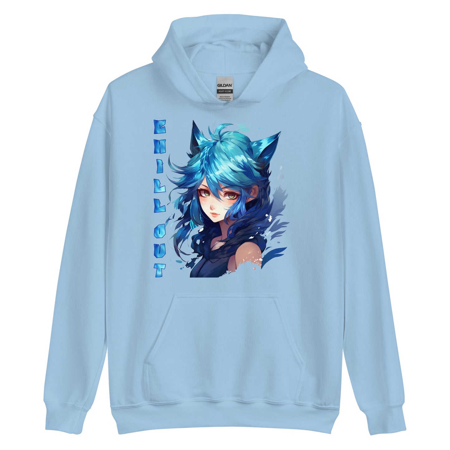 Een lichtblauwe unisex heavy blend hoodie met de afbeelding van een meisje en de tekst 'Chill Out', gezien vanaf de voorkant op een witte achtergrond