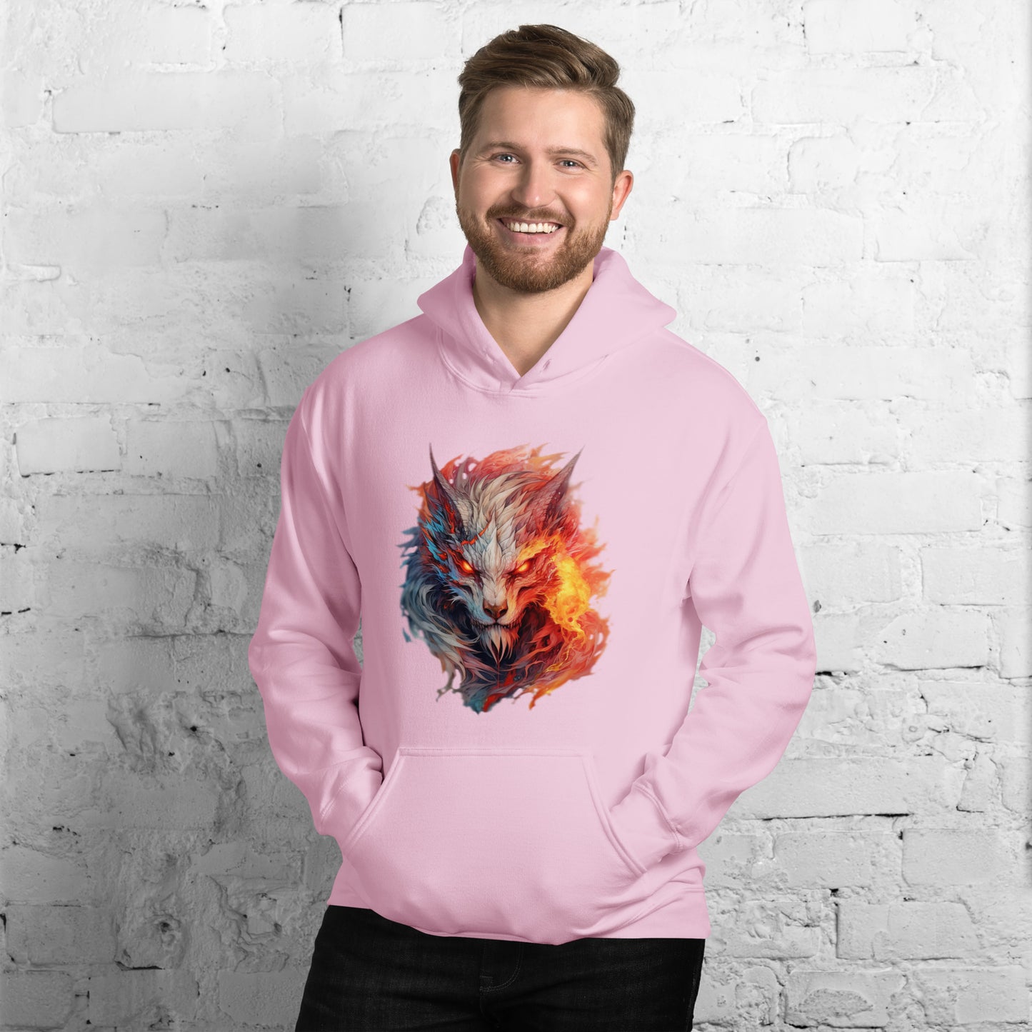 Trivole unisex licht roze heavy blend hoodie met levendig Kleurrijk Wolf patroon, gedragen door een lachende man, op een wit steen achtergrond.