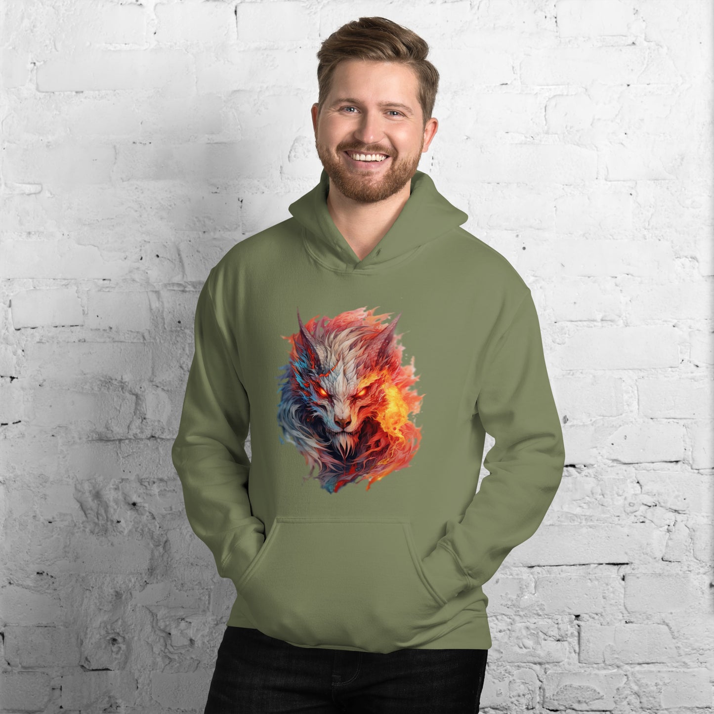 Frivole unisex military groen heavy blend hoodie met een levendig Kleurrijk Wolf-patroon, gedragen door een lachende man, op een achtergrond van witte stenen, vooruit kijkend