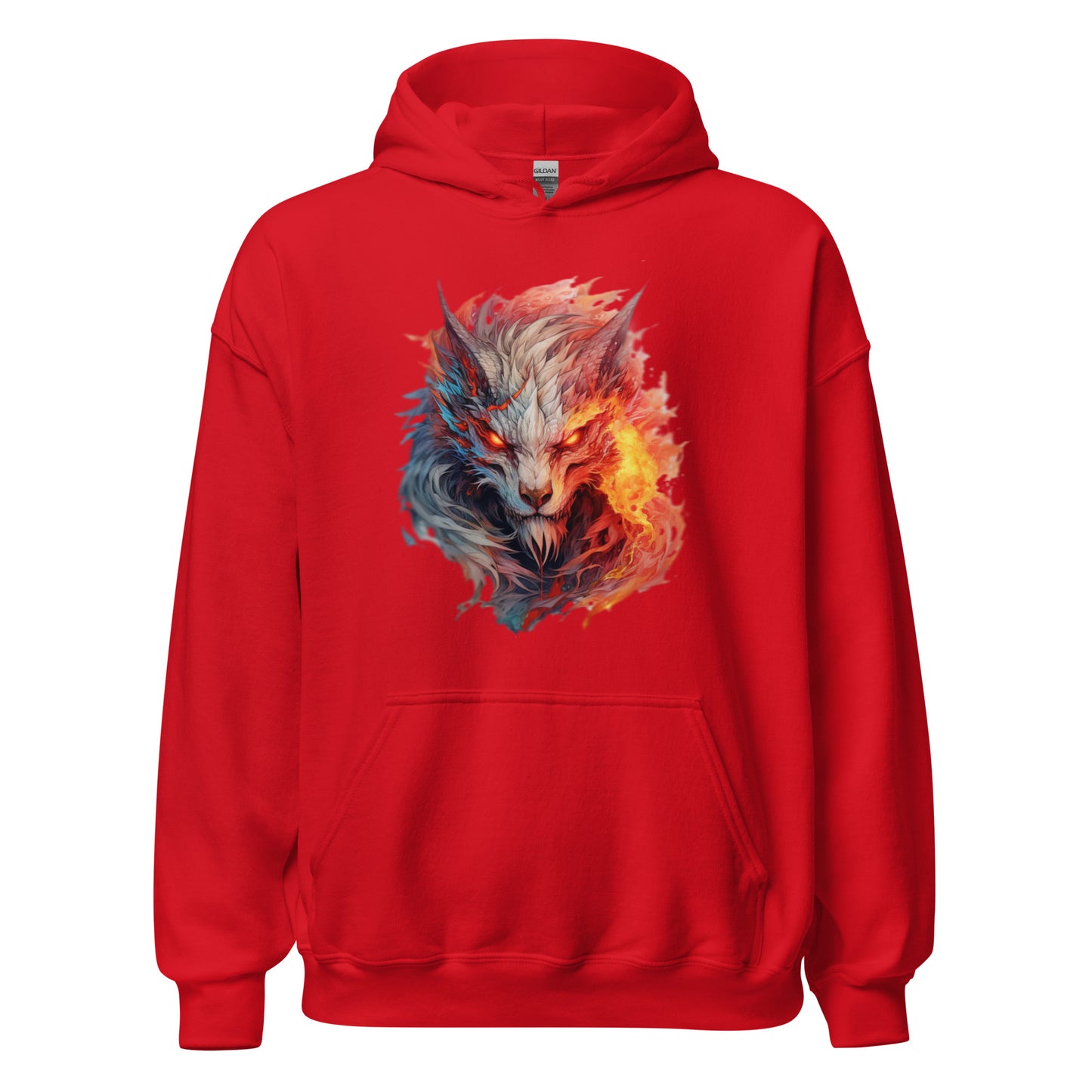 Frivole unisex rode heavy blend hoodie met levendig Kleurrijk Wolf patroon, op een wit achtergrond