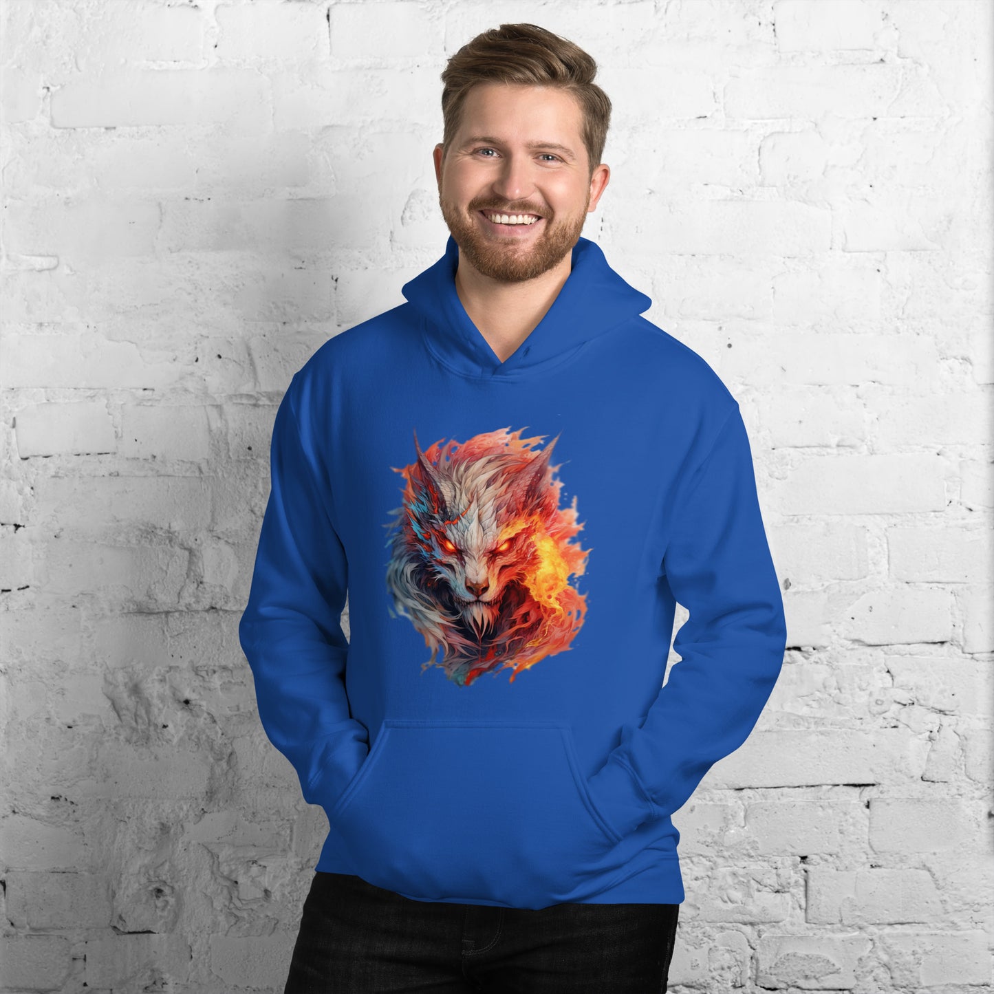 Frivole unisex royal heavy blend hoodie met een levendig Kleurrijk Wolf patroon, gedragen door een lachende man, op een achtergrond van witte stenen, vooruit kijkend