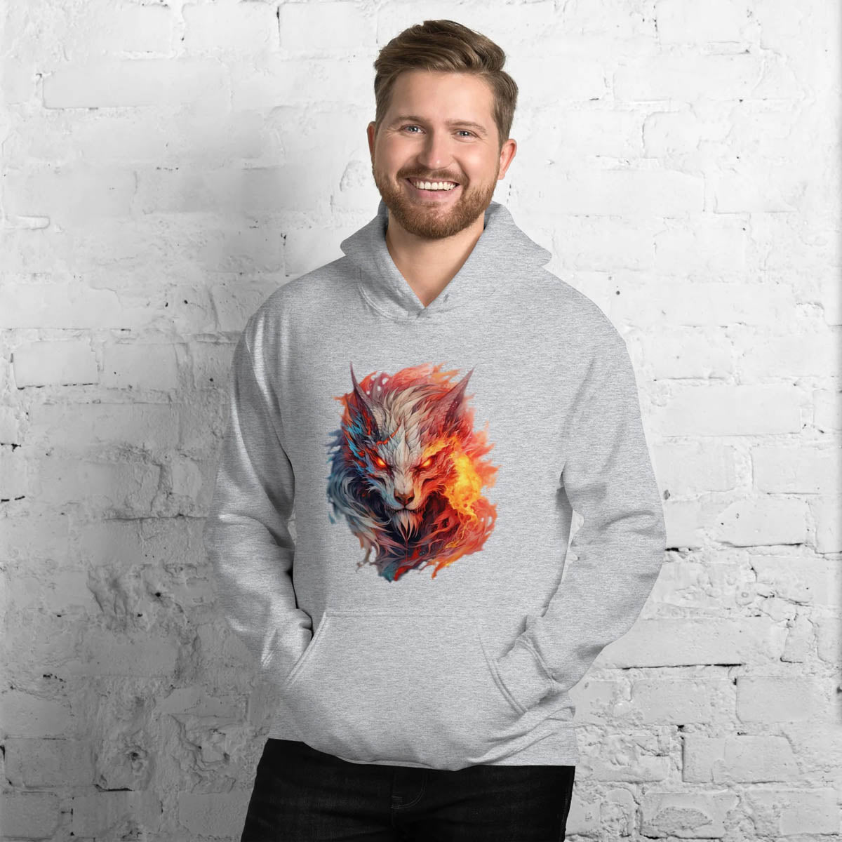 Frivole unisex sportgrijs heavy-mix hoodie met levendige kleurrijke Wolf-patroon, gedragen door een jonge man, op een witte steenachtergrond