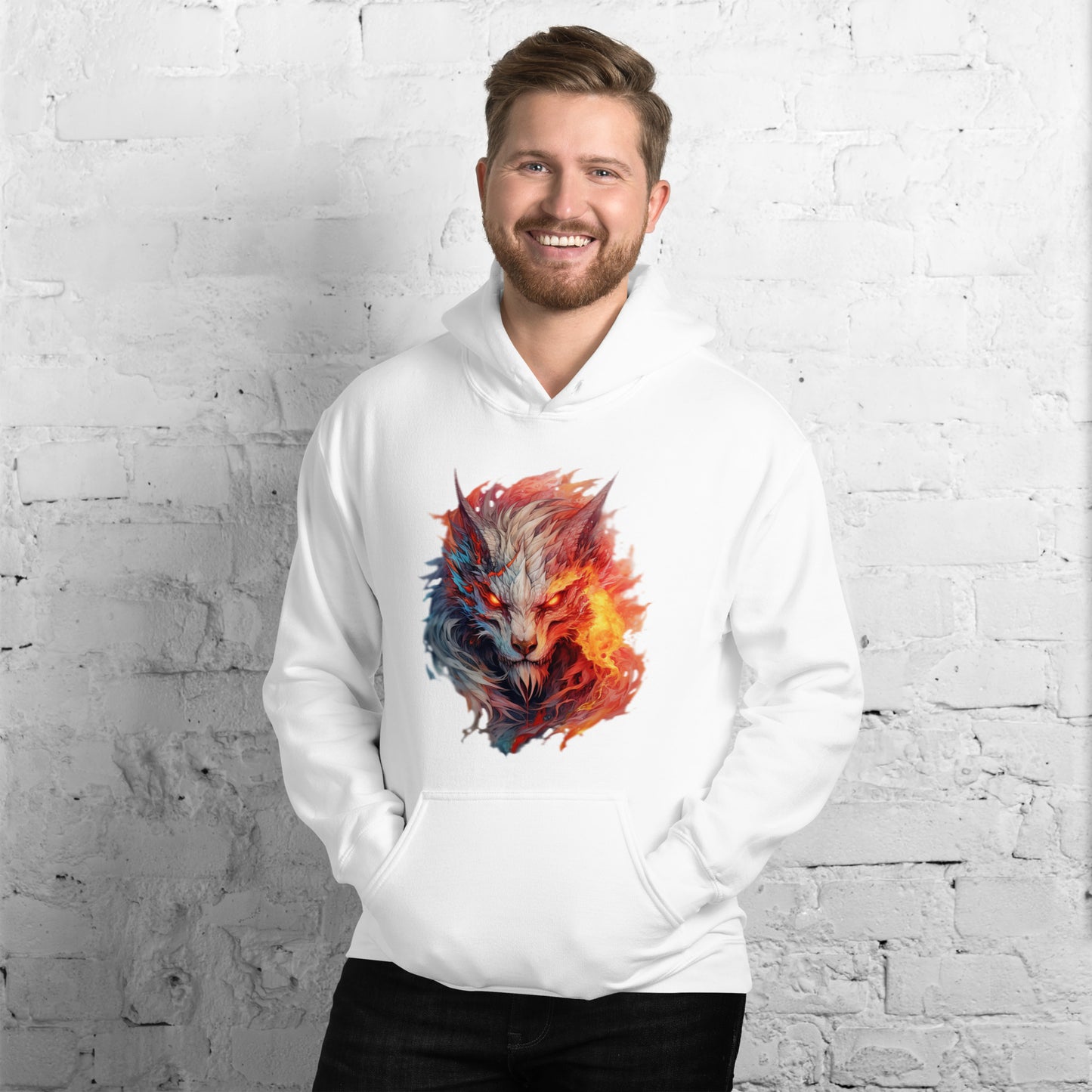Frivole unisex wit heavy blend hoodie met levendig Kleurrijk Wolf patroon, gedragen door een lachende man, op een wit steen achtergrond.