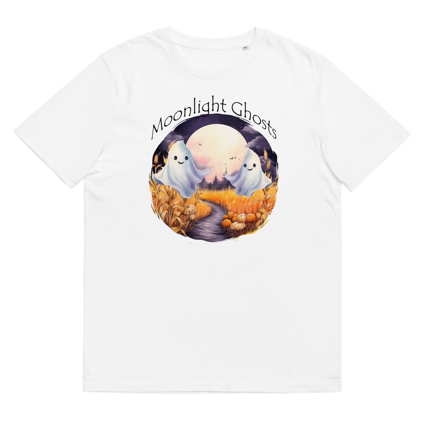Een biologisch katoenen unisex T-shirt met de afbeelding van een Moonlight Ghost op de voorkant, tegen een witte achtergrond