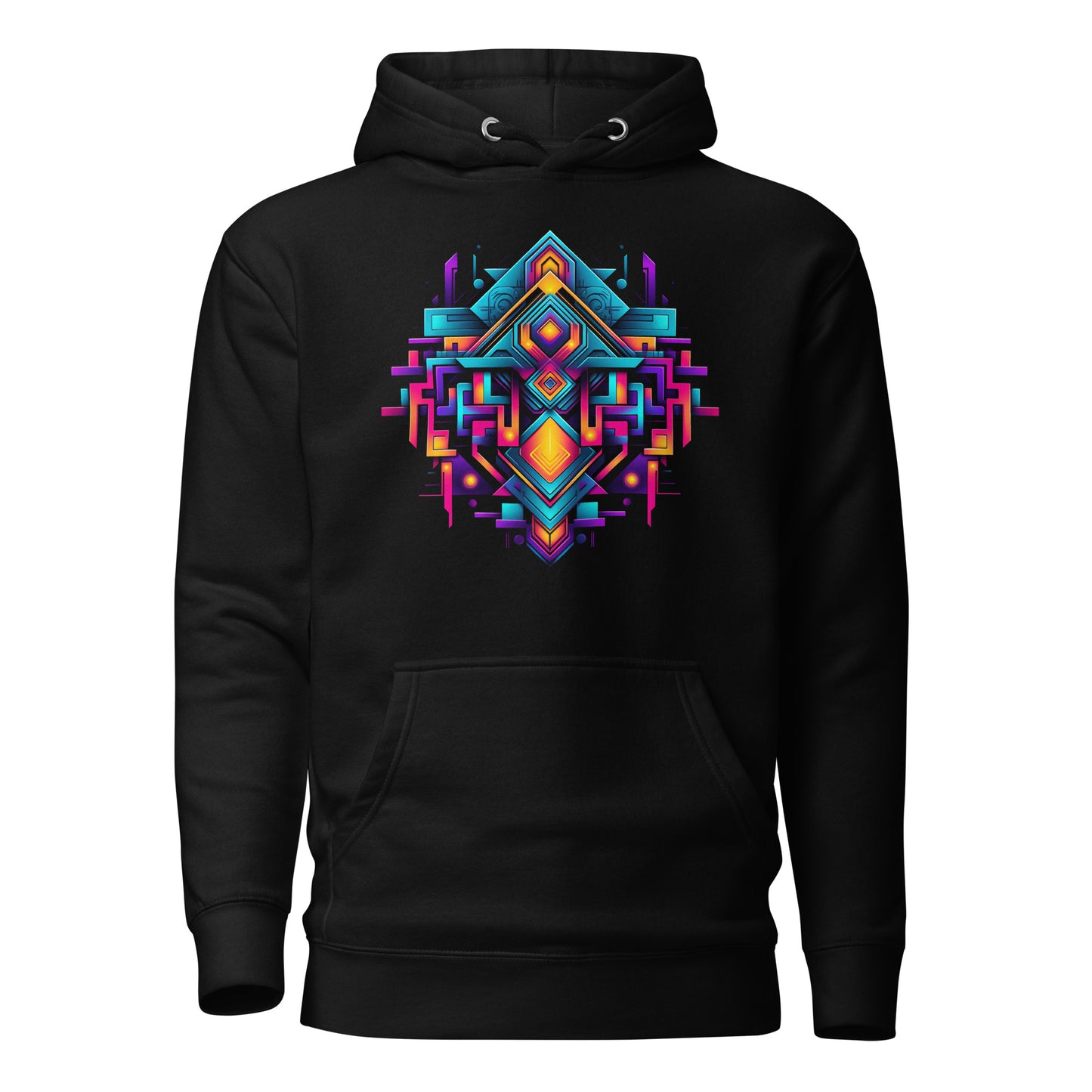 Een zwart unisex premium hoodie met een geometrische afbeelding, vooraanzicht, met wit achtergrond