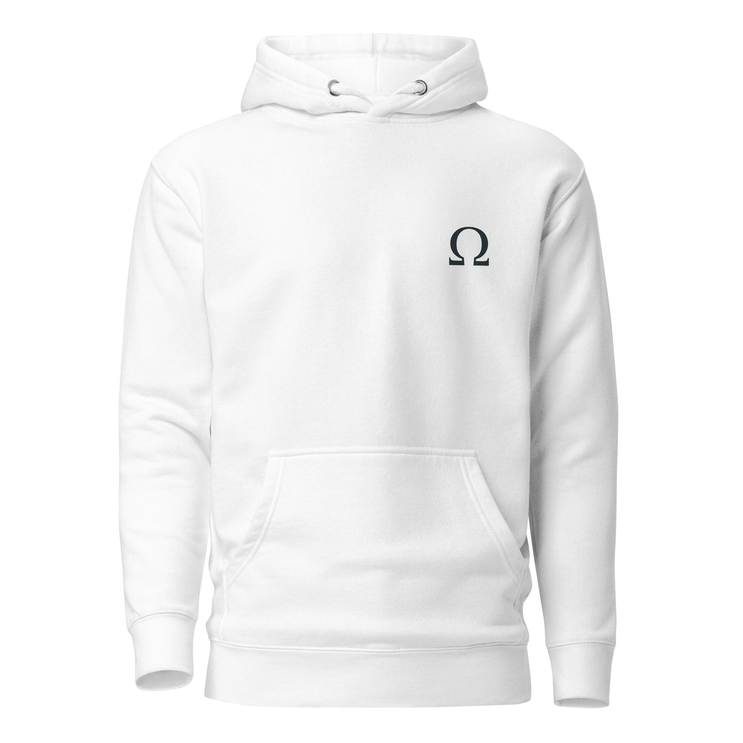 Witte gehele hoodie,voor kant een afbeelding van omega ,witte achtergrond