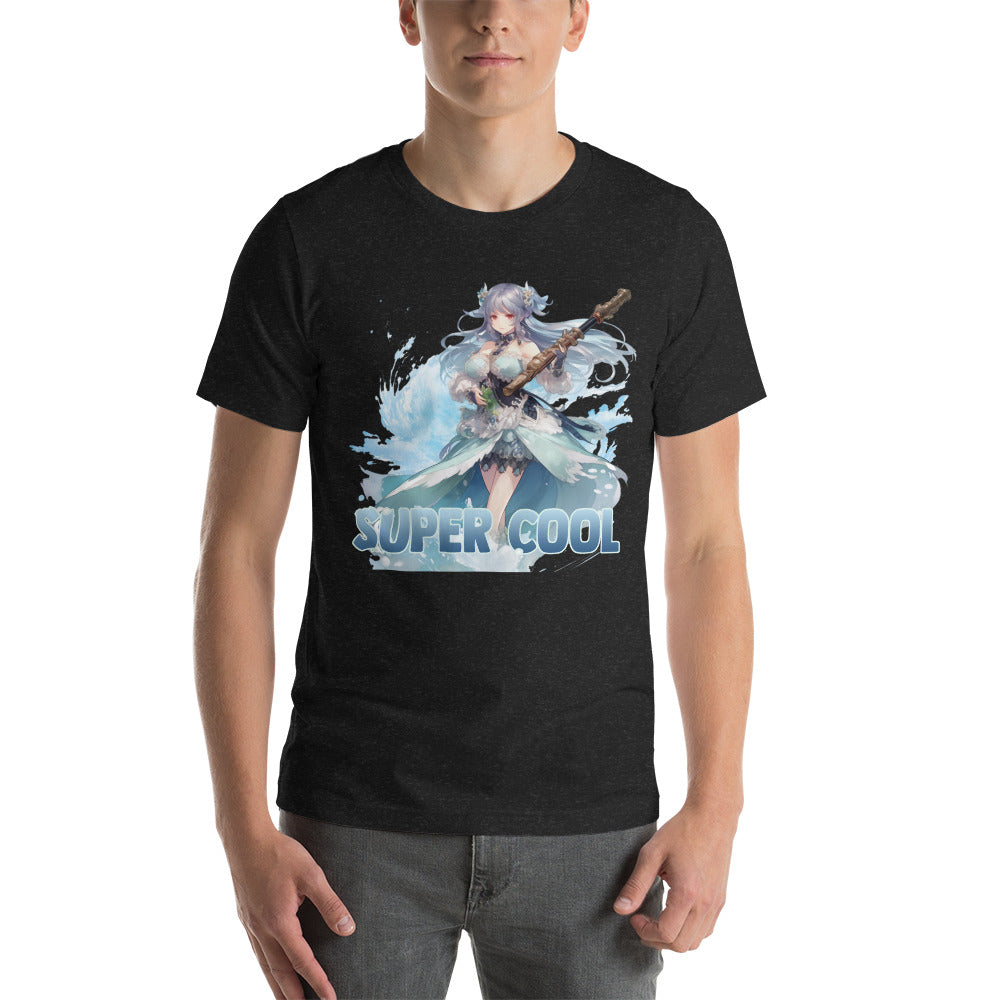 Een zwart gemeleerd unisex T-shirt met afbeelding van Super Cool manga meisje, gedragen door een man, vooraanzicht, wit achtergrond