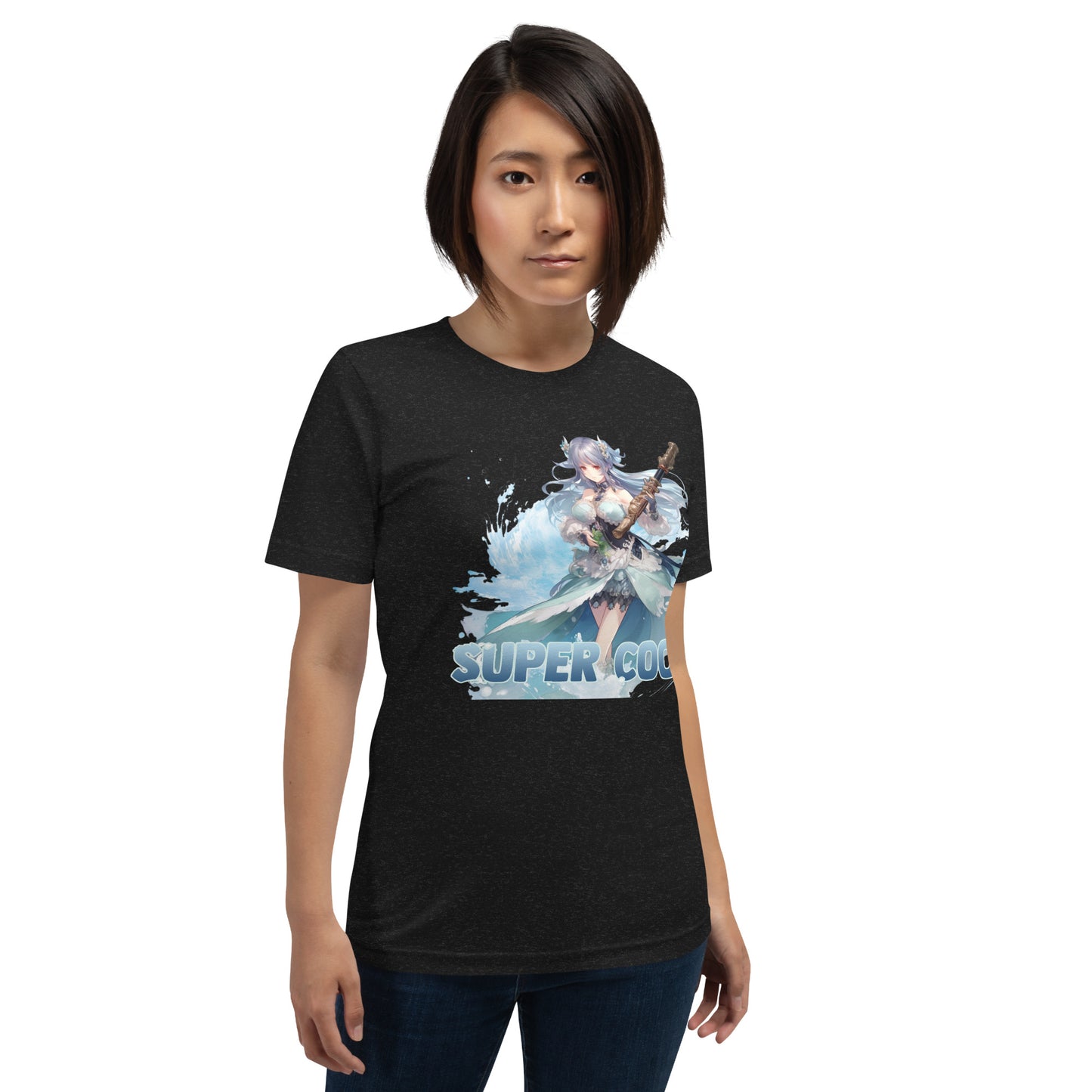 Een zwart gemeleerd unisex T-shirt met afbeelding van Super Cool manga meisje, gedragen door een vrouw, vooraanzicht, wit achtergrond