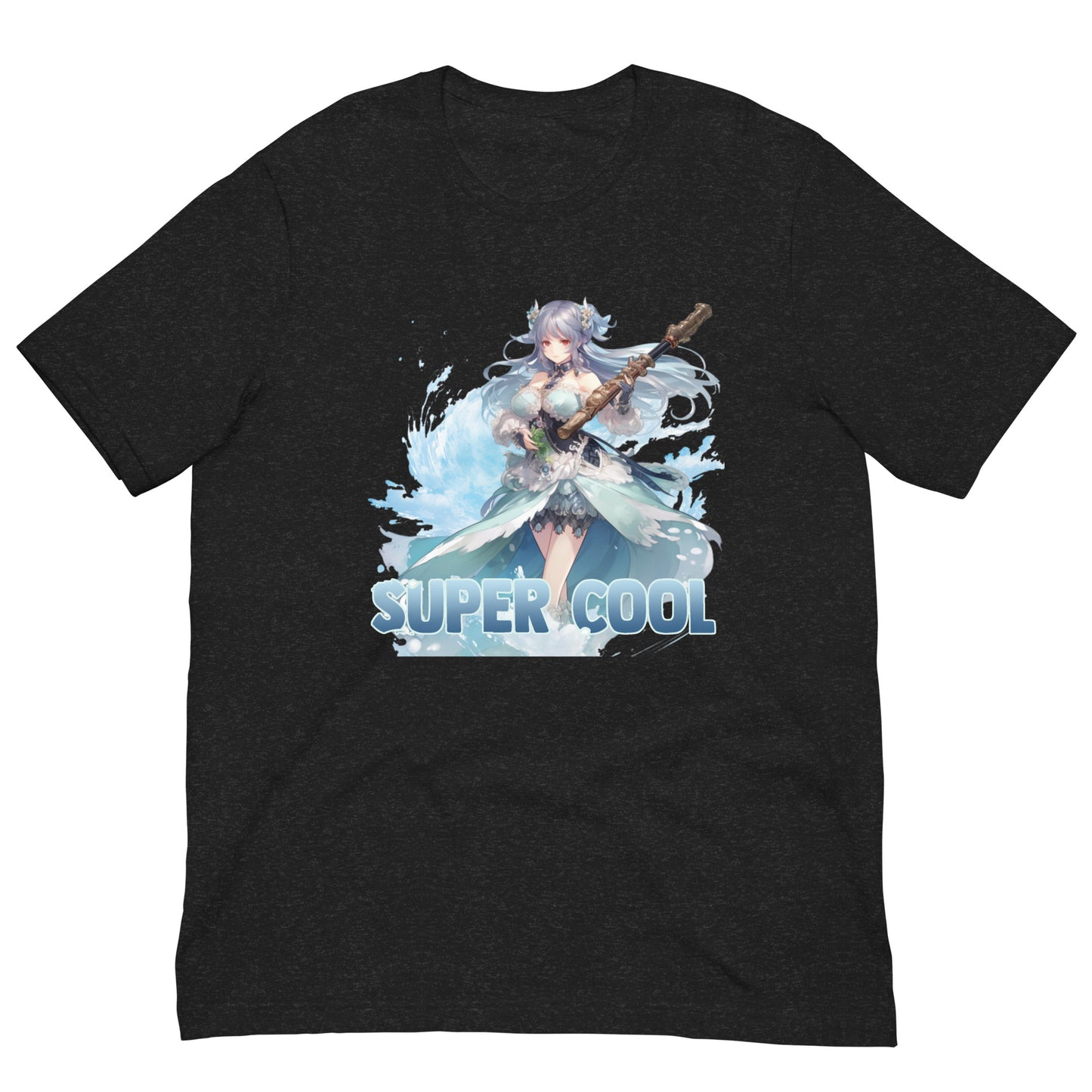 Een zwart gemeleerd unisex T-shirt met afbeelding van Super Cool manga meisje, vooraanzicht, wit achtergrond