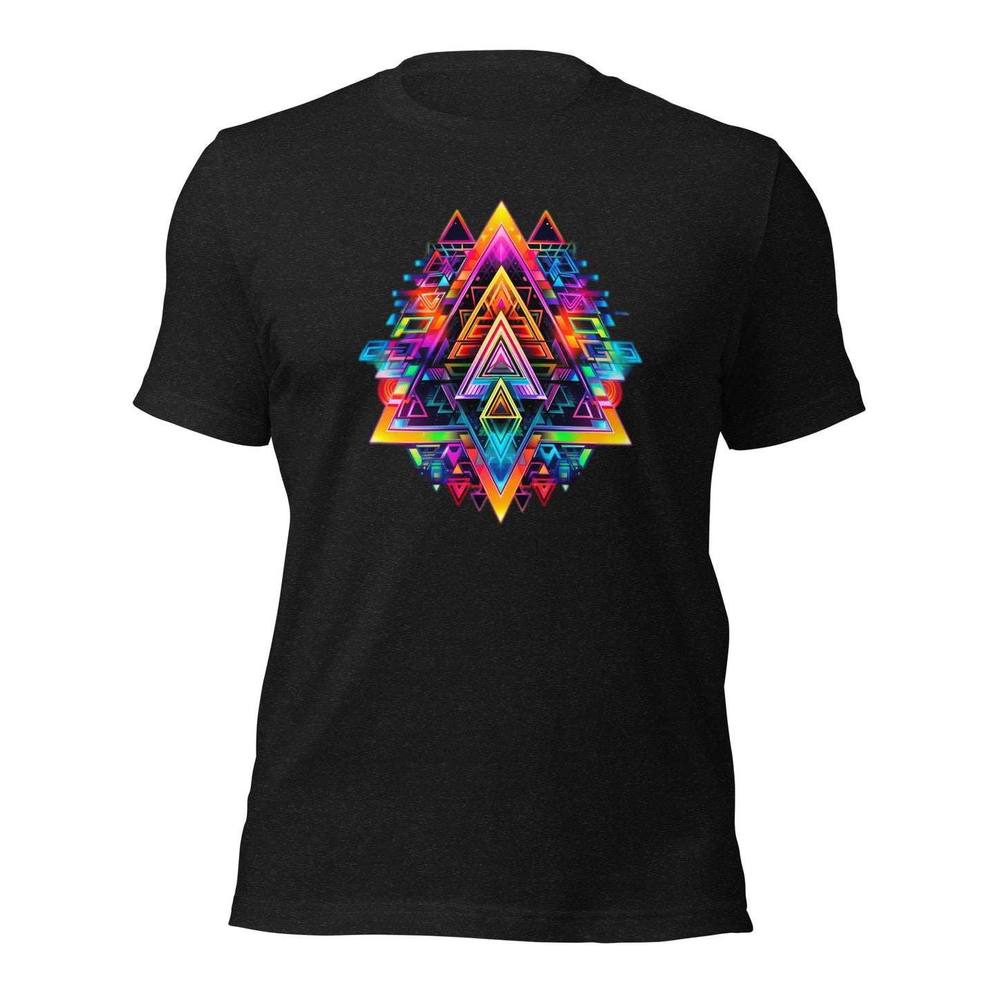 Een unisex T-shirt in zwarft gemeleerd met een grafisch geometrisch ontwerp, aan de voorkant, wit achtergrond