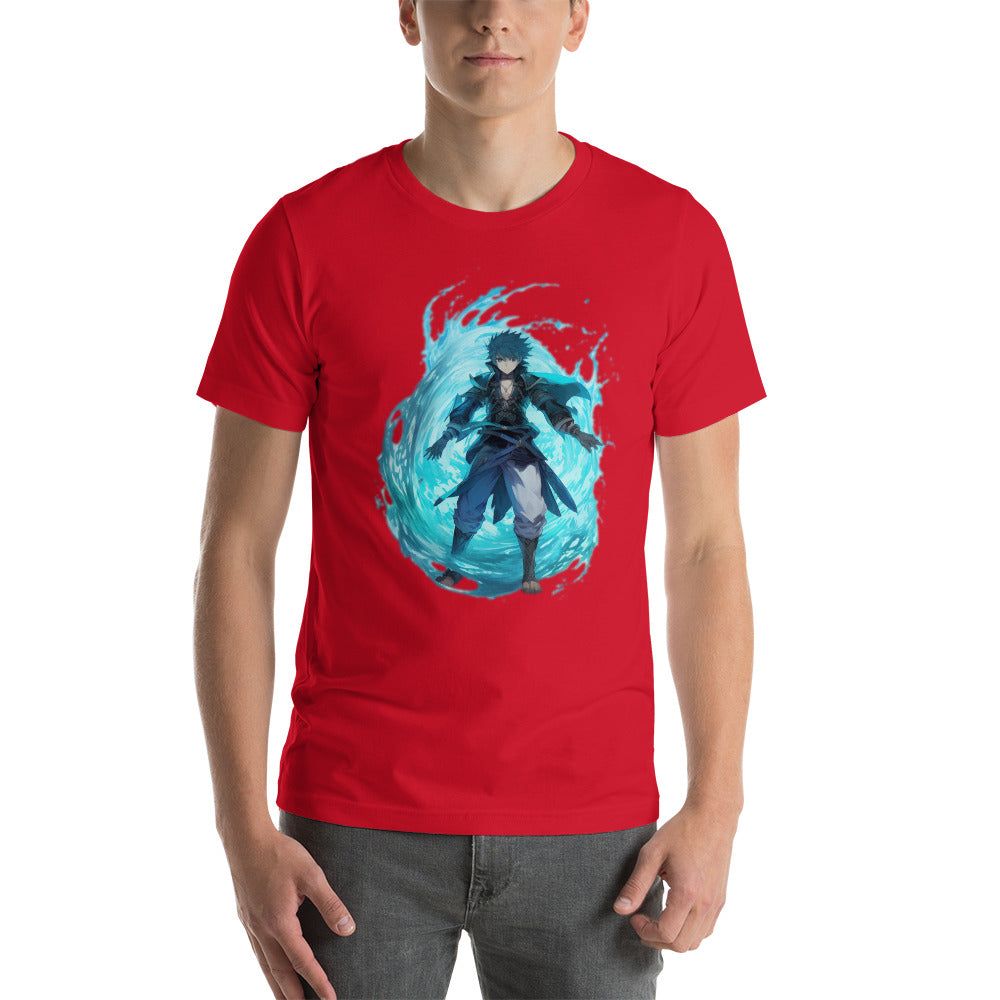 Een unisex rood T-shirt met een afbeelding van een anime man met een coriolis effect van het water uitkomend, tegen een witte achtergrond, man, aan de voorkant