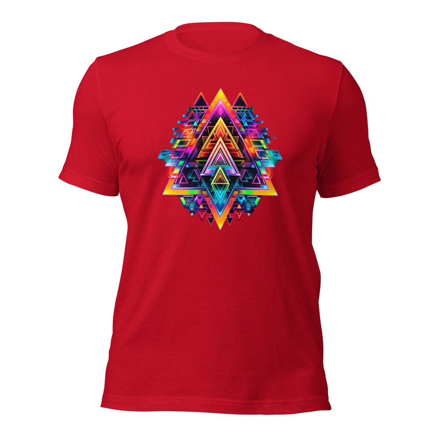 Een Unisex rood T-shirt met een afbeelding van Grafische Geometrie, voorkant, wit achtergrond