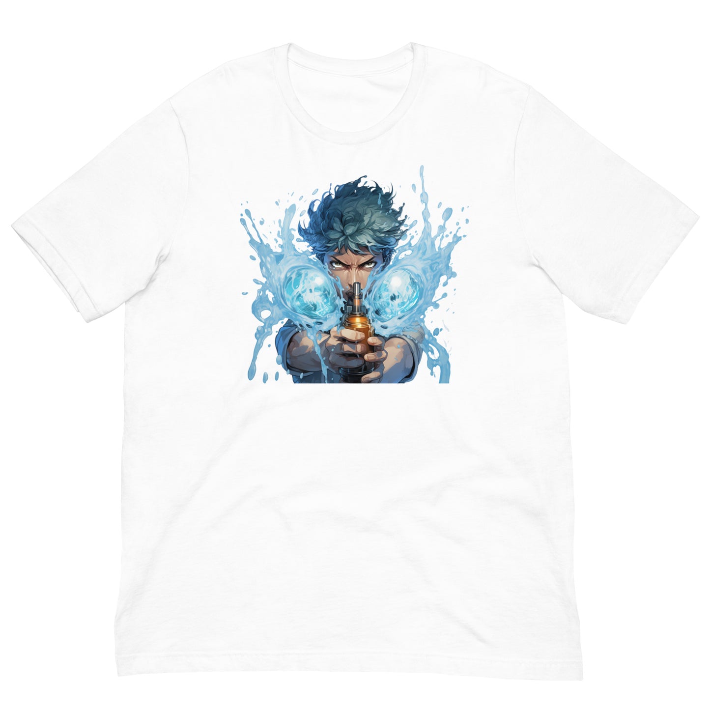 Een unisex wit T-shirt met een anime-man die een waterpistool vasthoudt, op een witte achtergrond, vooraanzicht