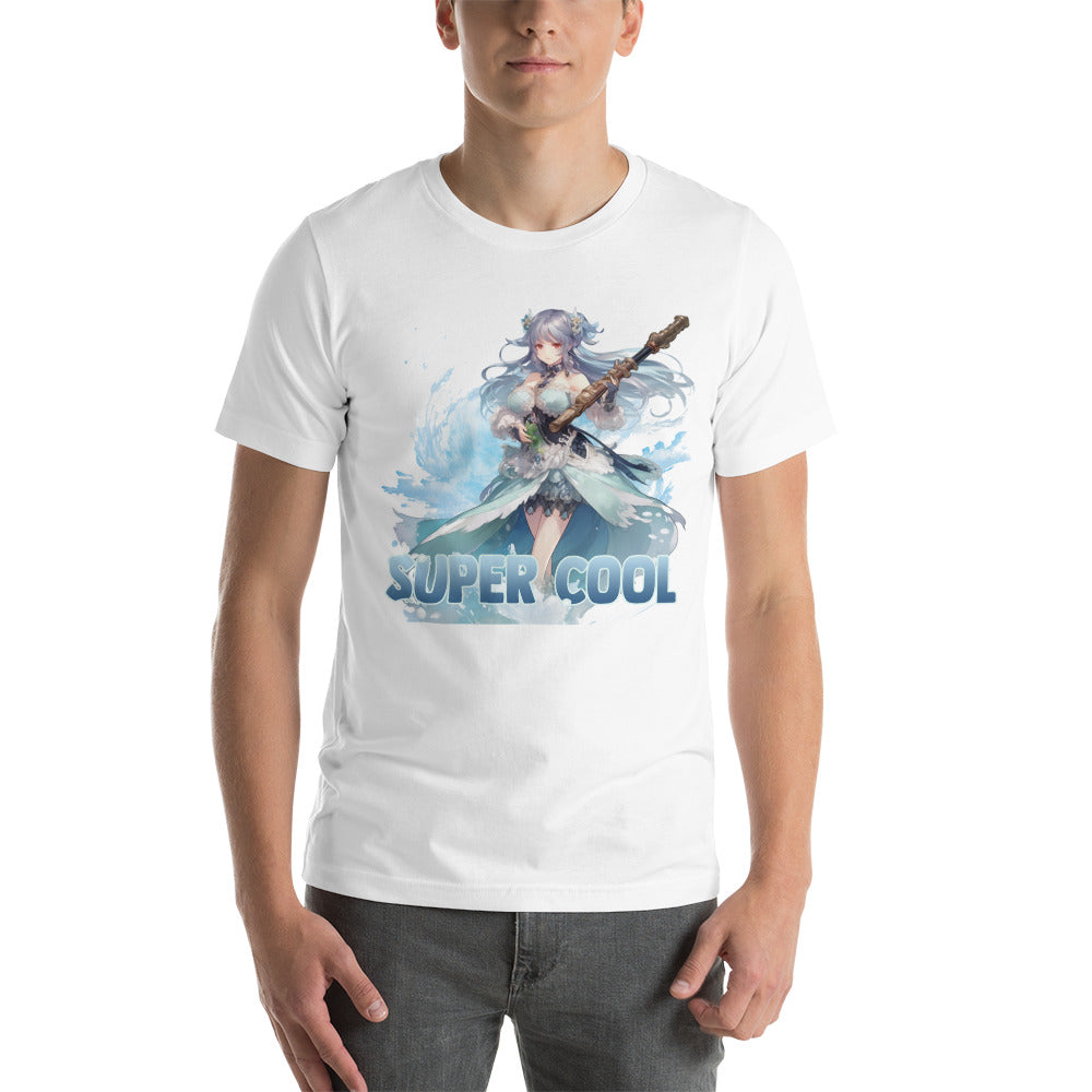 Een wit unisex T-shirt met afbeelding van Super Cool manga meisje, gedragen door een man, vooraanzicht, wit achtergrond