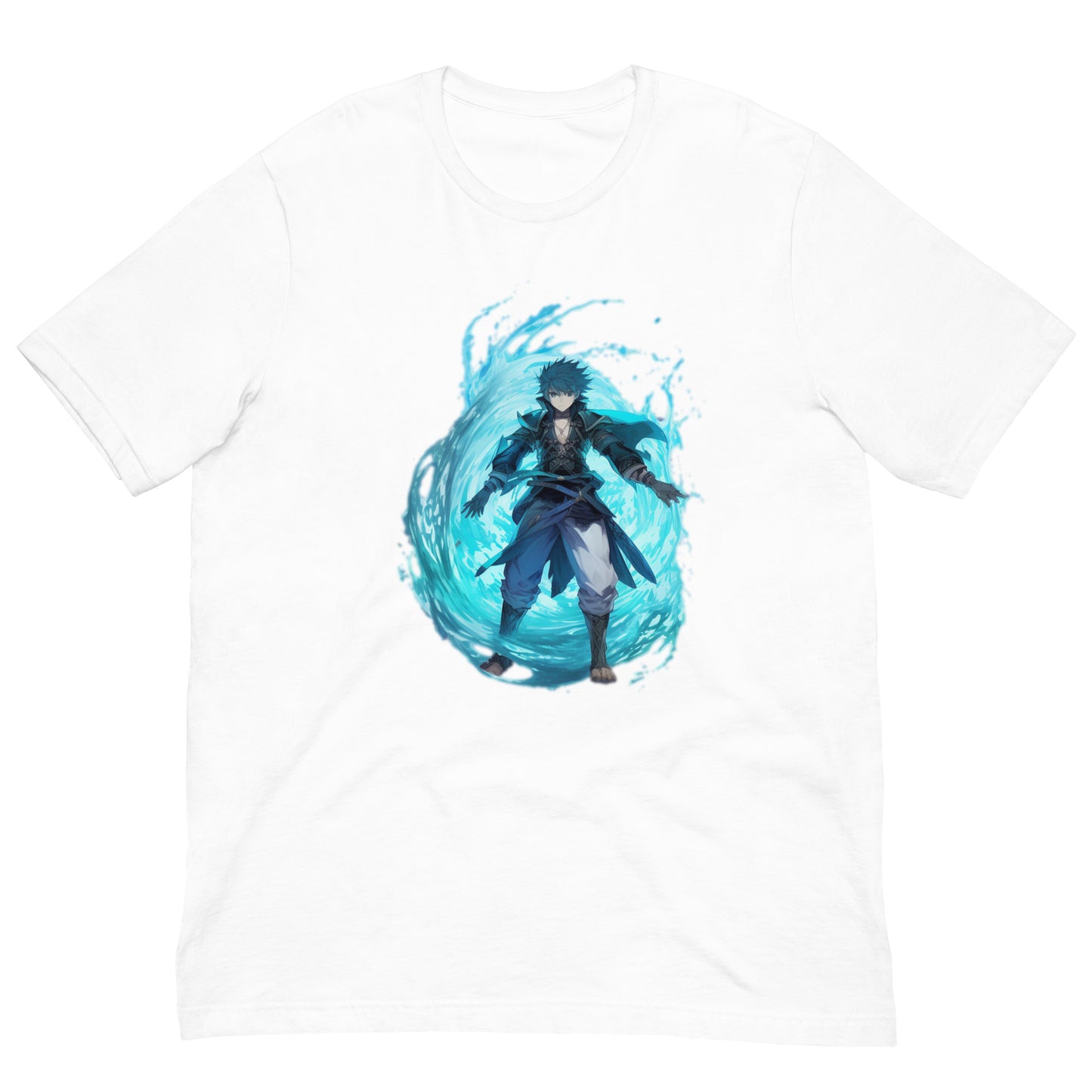 Een unisex wit T-shirt met een afbeelding van een japanse anime man met een coriolis effect van het water uitkomend, tegen een witte achtergrond, aan de voorkant
