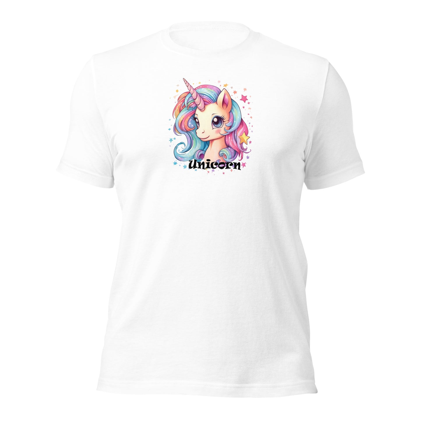 Eenhoorn vrouwen t-shirt met een schattig design, voor uit zicht, op witte achtergrond, met de tekst unicorn