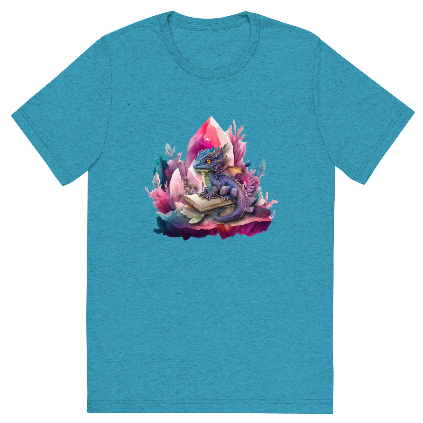 Een aqua triblend unisex T-shirt met een afbeelding van een kleine draak en een magisch boek, op een witte achtergrond