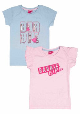 Set van 2 Barbie T-shirts voor kinderen in maat 146/152, een roze T-shirt met 'Barbie Girl'-tekst en gerimpelde mouwtjes, en een blauw T-shirt met Barbie-print en grote letters. Gemaakt van 100% katoen