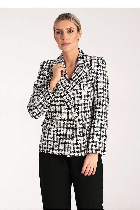 Een dames zwart-Witte Geruite Blazer met Gouden Knoopsluiting.voor uit zicht