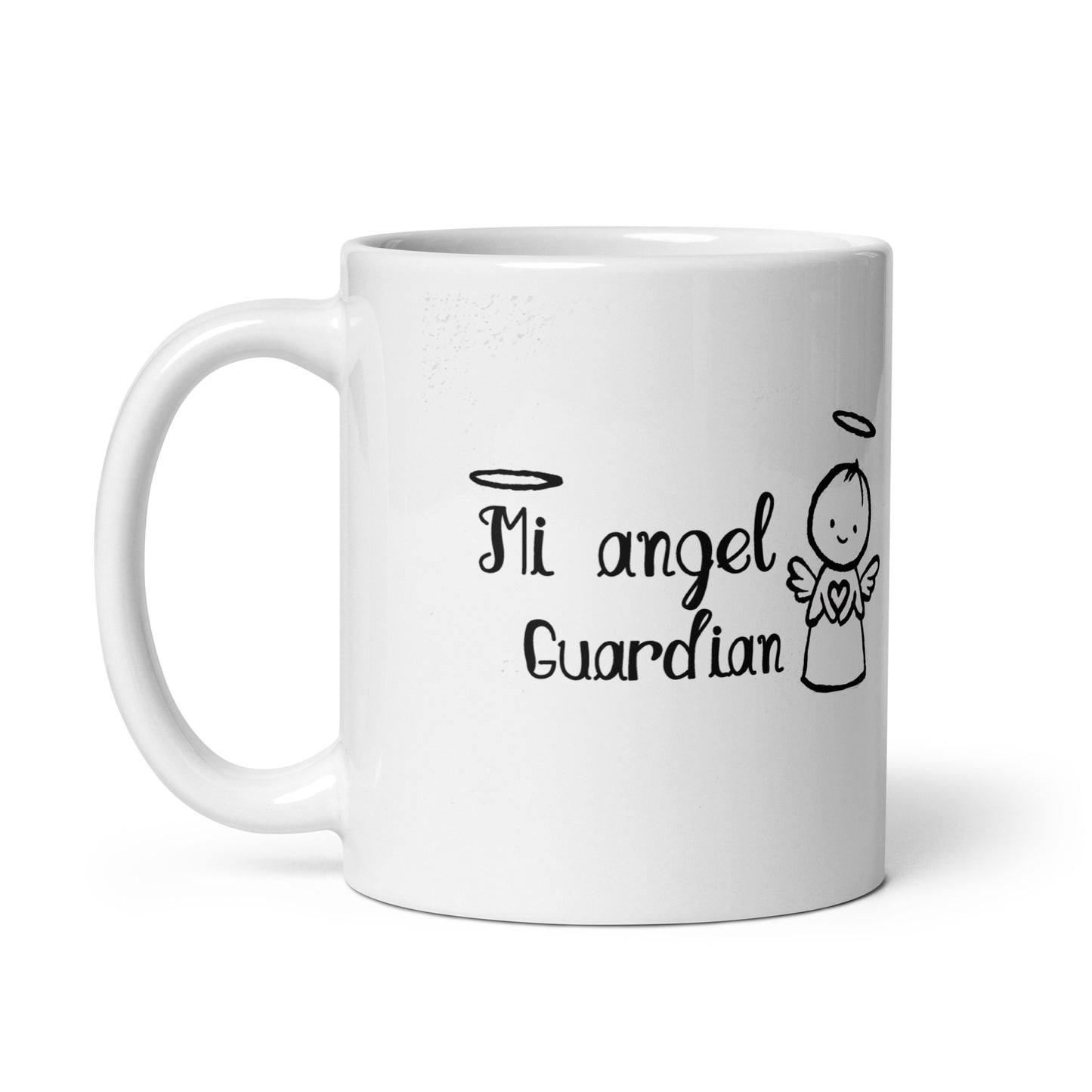 Herdenkingsmok met engelthema en de Papiamentse tekst “Mi angel guardian”, geschikt voor dagelijks gebruik.oduct mockup.zij uitzicht, rechts handvat