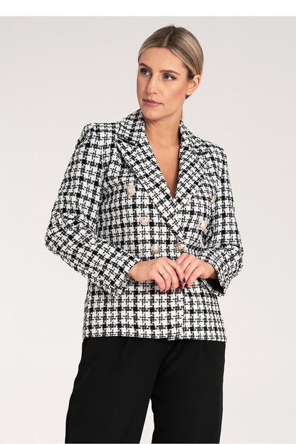 Een dames zwart-Witte Geruite Blazer met Gouden Knoopsluiting.voor uit zicht