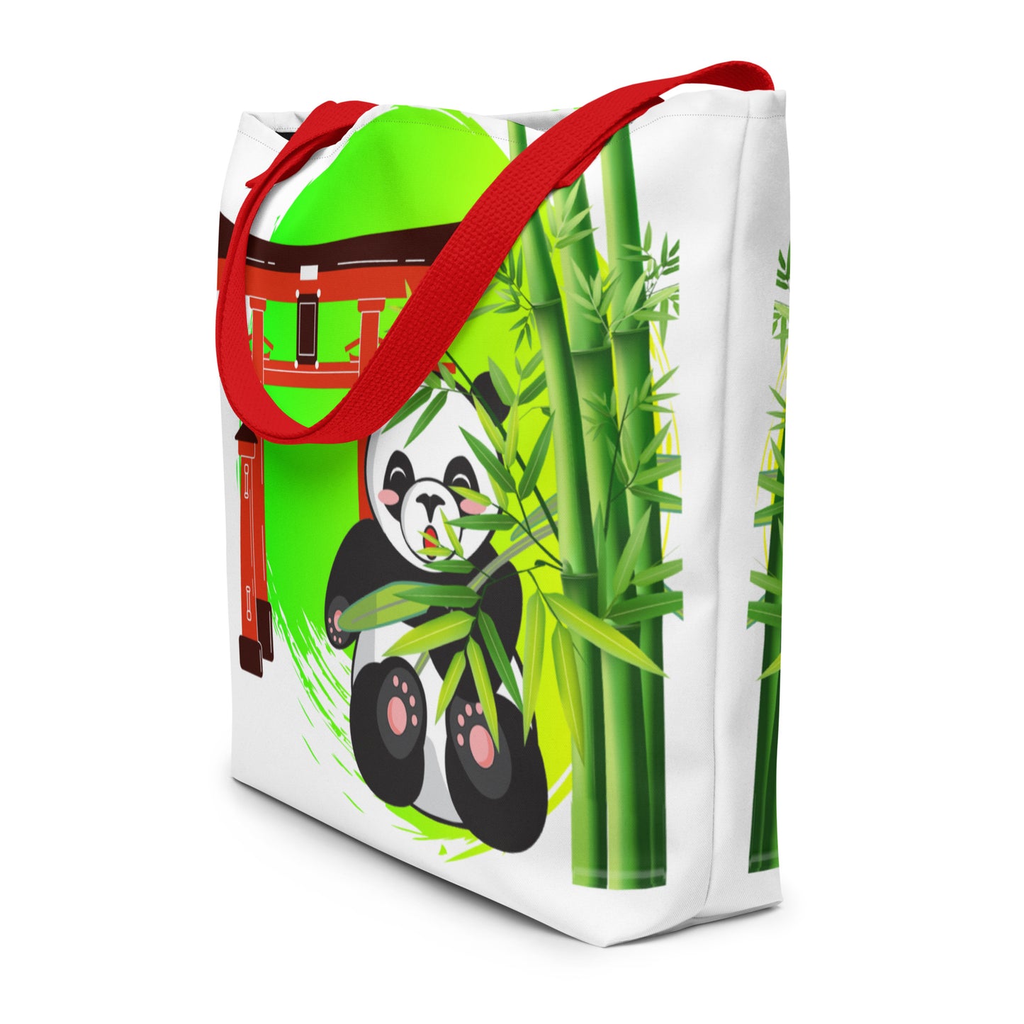 Grote Draagtas met rode Handvatten en All-over Print van Japanse Panda & Bamboo op de Voorkant, zij aan zicht