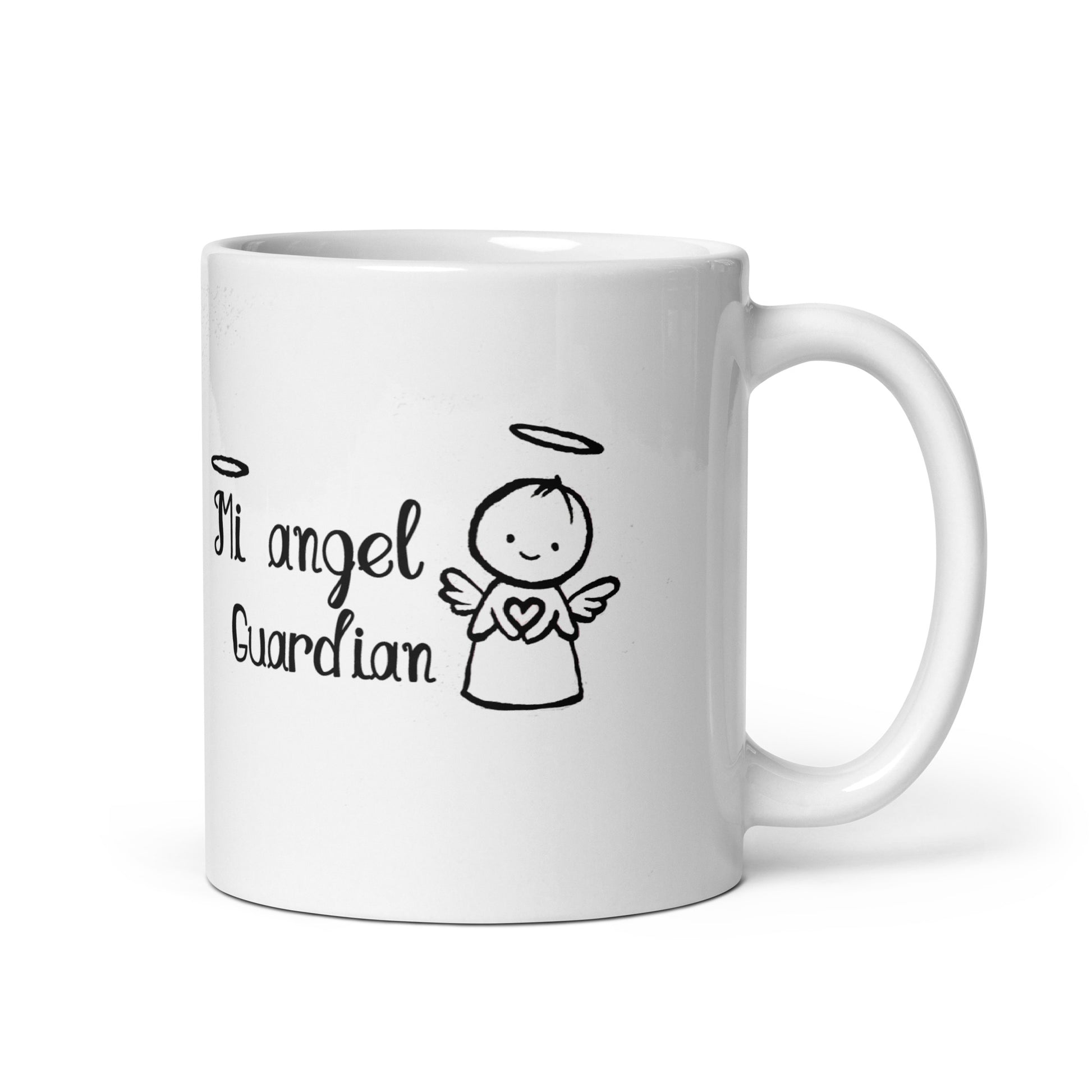 Herdenkingsmok met engelthema en de Papiamentse tekst “Mi angel guardian”, geschikt voor dagelijks gebruik.oduct mockup.zij uitzicht, rechts handvat