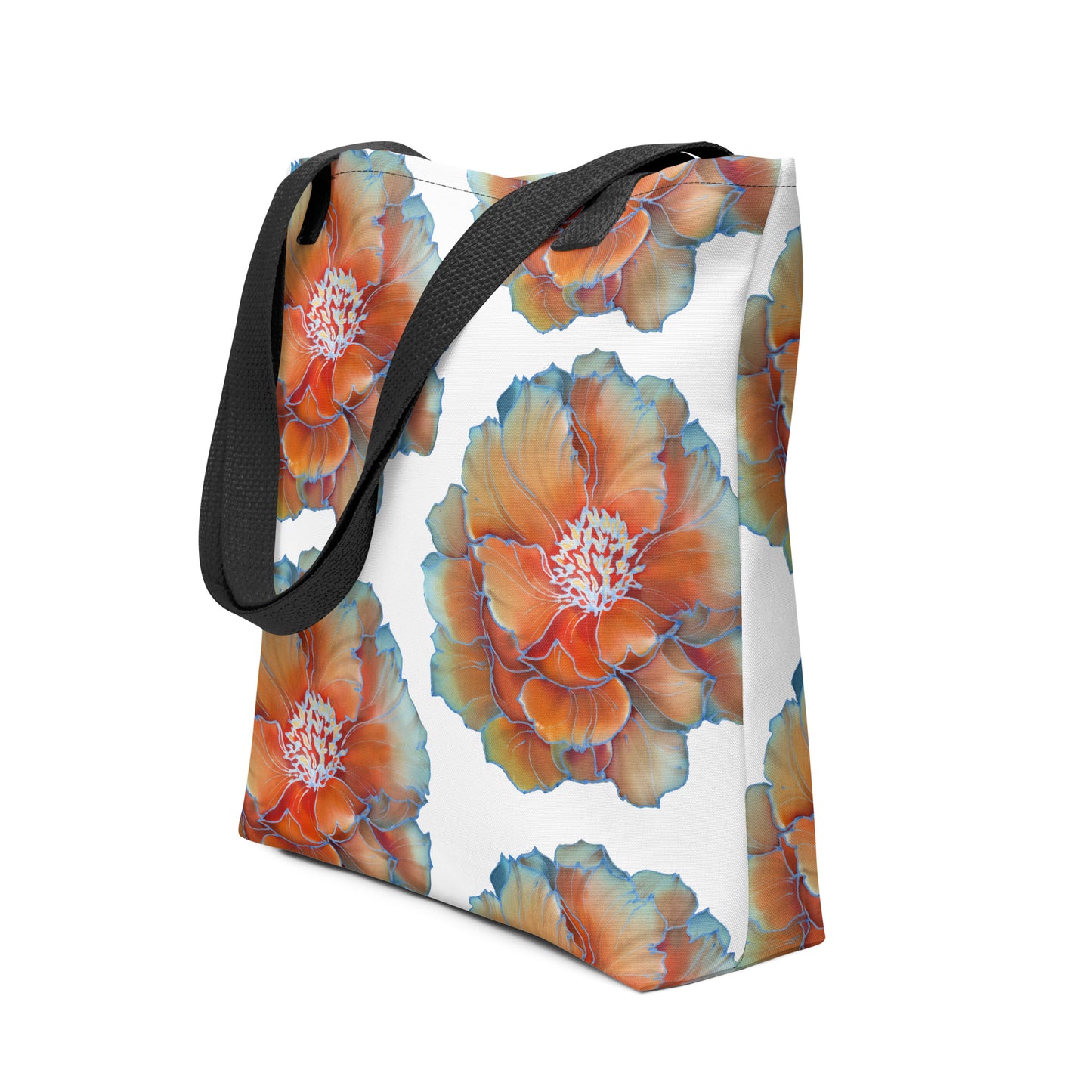 Stijlvolle 15x15 inch draagtas met all-over print van grote bloemen in oranje, goud en wit, afgewerkt met blauwe bloemblad randjes en zwarte handvatten. Perfect voor dagelijks gebruik en het meenemen van al je essentials. Deze trendy tas combineert functionaliteit met een opvallend design