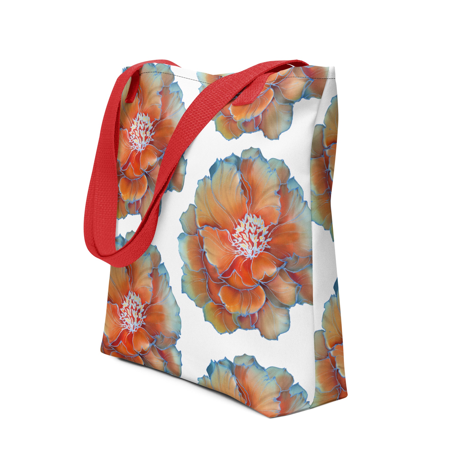 Stijlvolle 15x15 inch draagtas met all-over print van grote bloemen in oranje, goud en wit, afgewerkt met blauwe bloemblad randjes en rode handvatten. Perfect voor dagelijks gebruik en het meenemen van al je essentials. Deze trendy tas combineert functionaliteit met een opvallend design