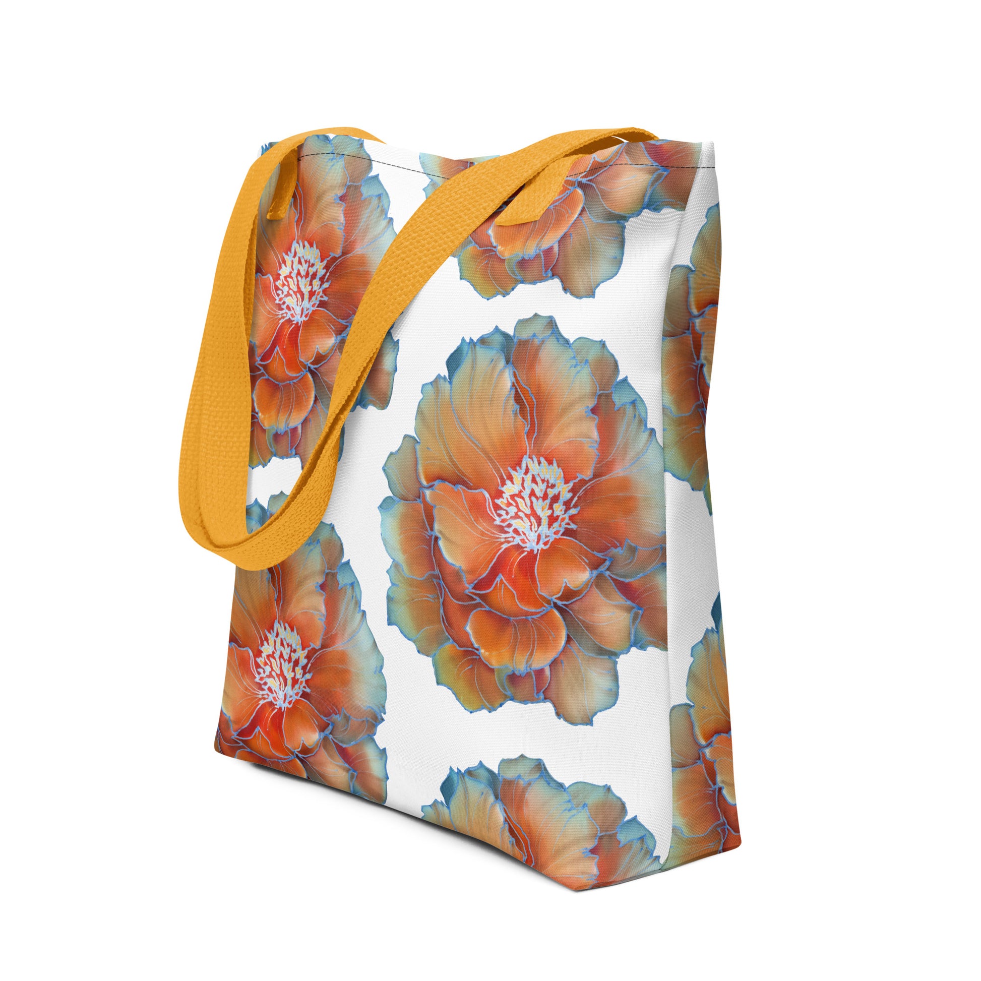 Stijlvolle 15x15 inch draagtas met all-over print van grote bloemen in oranje, goud en wit, afgewerkt met blauwe bloemblad randjes en gele handvatten. Perfect voor dagelijks gebruik en het meenemen van al je essentials. Deze trendy tas combineert functionaliteit met een opvallend design