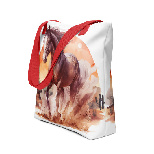 Witte draagtas met all-over print van een rennend bruin paard, met een afmeting van 15x15 en een vooraanzicht, compleet met rode handgreep, witte achjtergrond
