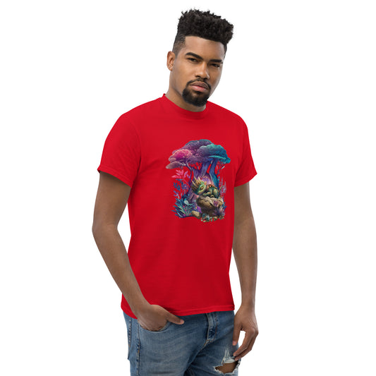 Man draagt rood heren klassiek T-shirt met paddenstoelprint, rechtsvoor, witte achtergrond