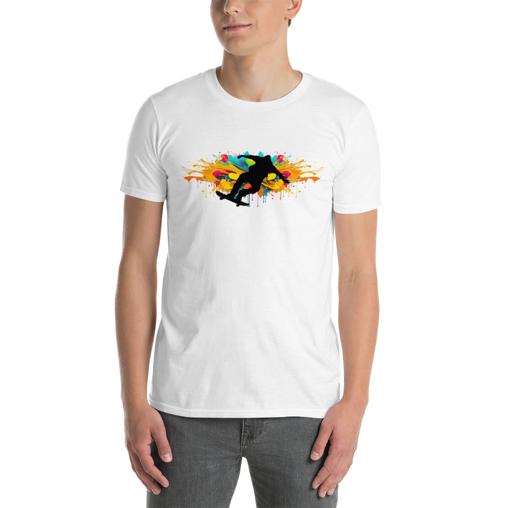 Een unisex softstyle wit T-shirt met flitsende skateboarder, splash kleuren, gedragen door man, witte achtergrond, voor aanzicht