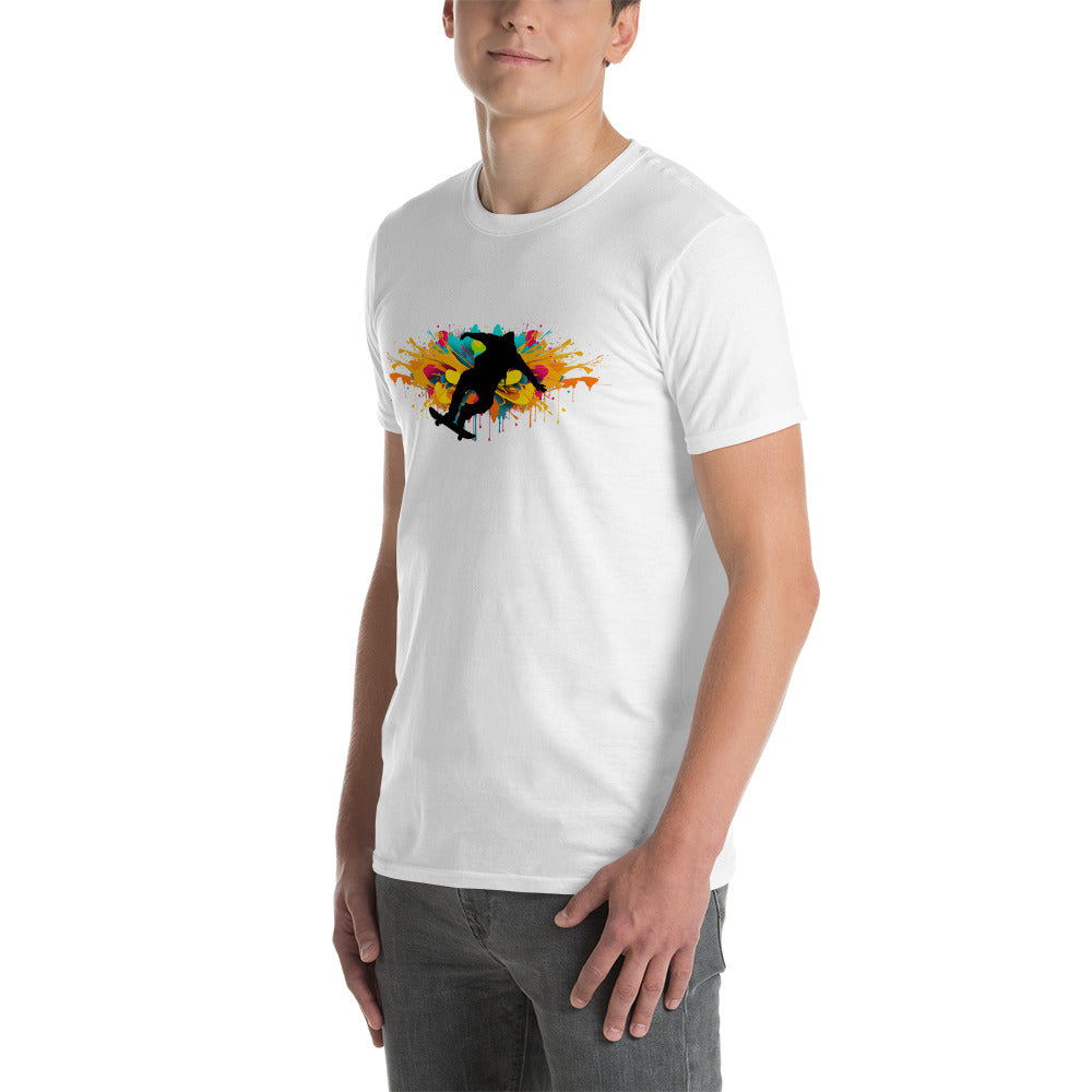 Unisex softstyle wit T-shirt: flitsende skateboarder, splash kleuren, door man gedragen, witte achtergrond, linksvoor