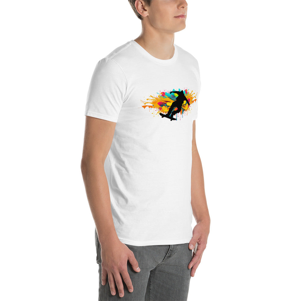 Unisex softstyle wit T-shirt: flitsende skateboarder, splash kleuren, door man gedragen, witte achtergrond, rechtsvoor