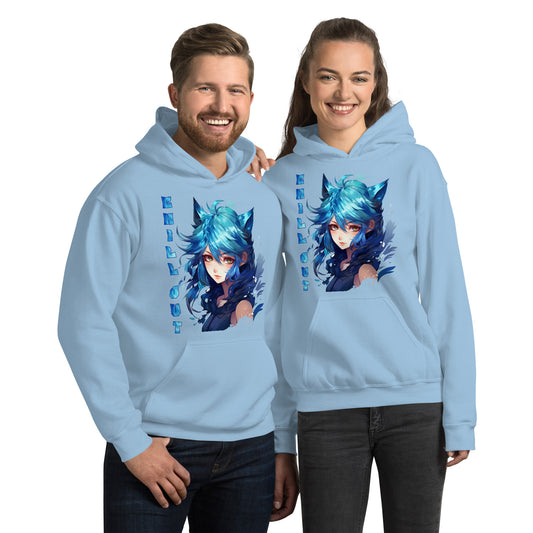 Een lichtblauwe unisex heavy blend hoodie met de afbeelding van een meisje en de tekst 'Chill Out', gedragen door een gelukkige man en vrouw, gezien vanaf de voorkant op een witte achtergrond