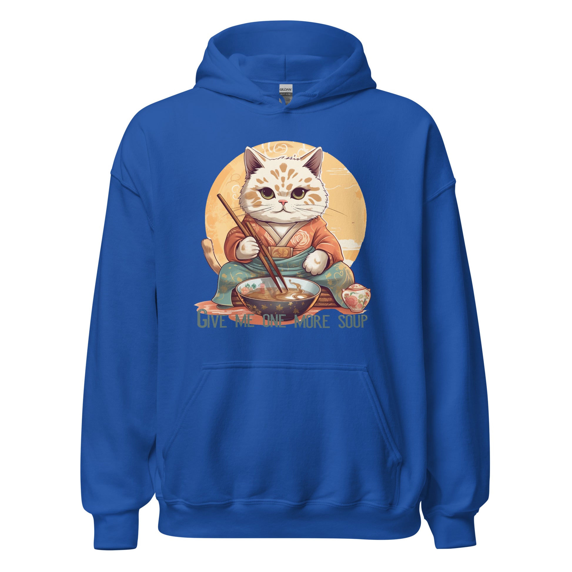 Een royal unisex heavy blend hoodie met een afbeelding van een kaiwan kat die noedelsoep eet, op een witte achtergrond, vooraanzicht