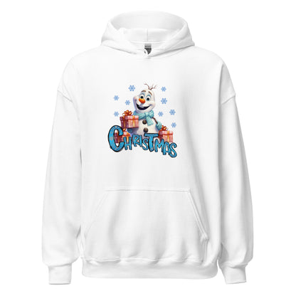 Een witte heavy blend hoodie met een afbeelding van een sneeuwpop met cadeaus,  gezien vanaf de voorkant, met een witte achtergrond