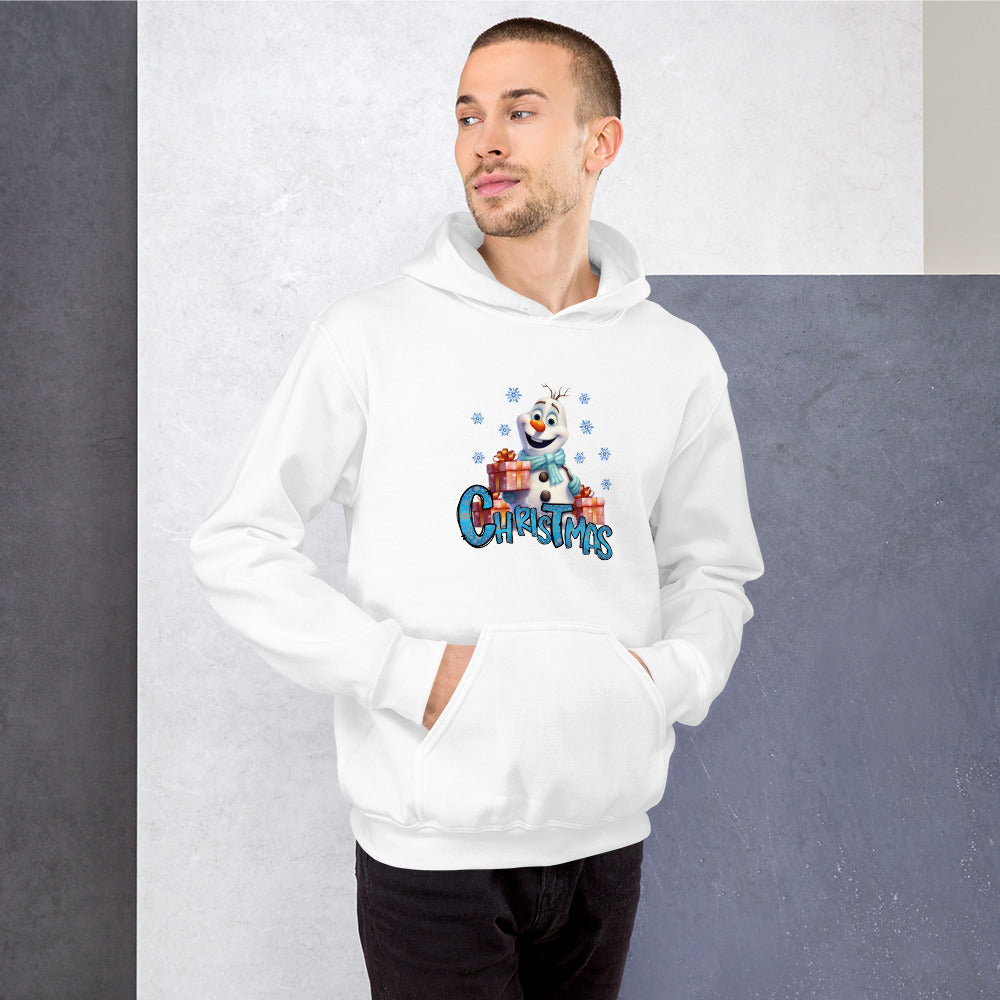 Een witte heavy blend hoodie met een afbeelding van een sneeuwpop met cadeaus, gedragen door een man die naar links kijkt, gezien vanaf de voorkant, met een grijze en witte achtergrond