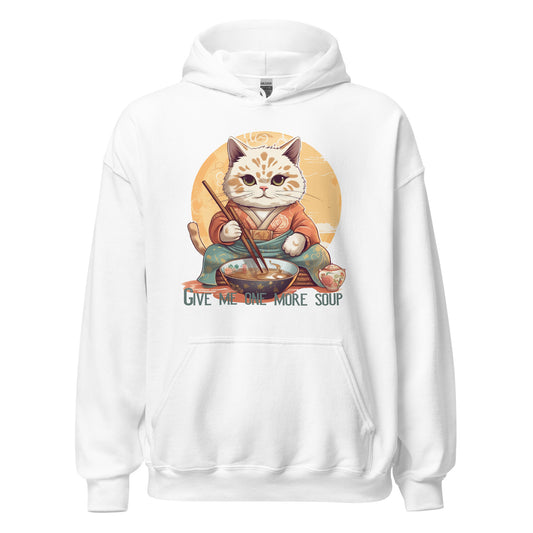 Een witte unisex heavy blend hoodie met een afbeelding van een kaiwan kat die noedelsoep eet, op een witte achtergrond, vooraanzicht